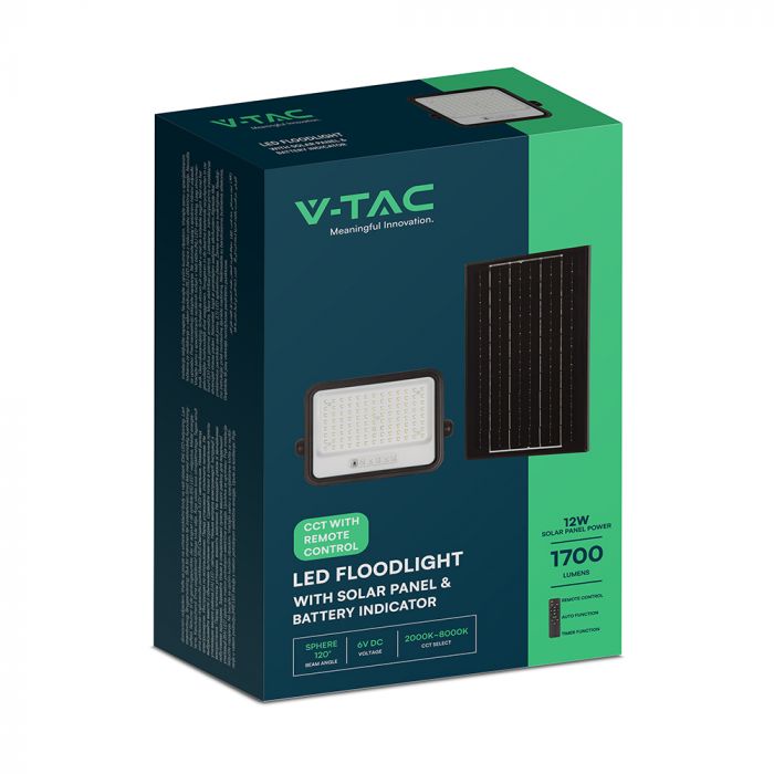 200W(1700Lm) LED prožektors ar solāro paneli  DC 6V 12W, V-TAC, IP65, melns, ar tālvadības pulti un regulējamu krāsu temperatūru, 7IN1