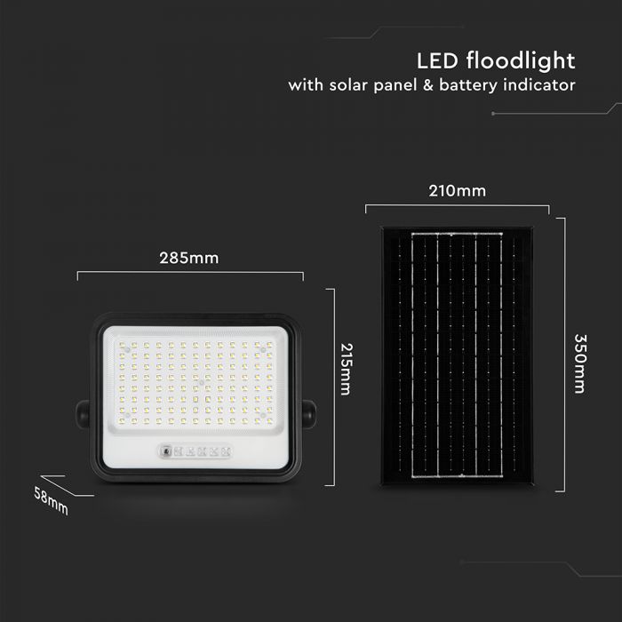 200W(1700Lm) LED prožektors ar solāro paneli  DC 6V 12W, V-TAC, IP65, melns, ar tālvadības pulti un regulējamu krāsu temperatūru, 7IN1