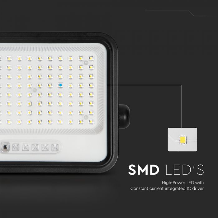 200W(1700Lm) LED prožektors ar solāro paneli  DC 6V 12W, V-TAC, IP65, melns, ar tālvadības pulti un regulējamu krāsu temperatūru, 7IN1