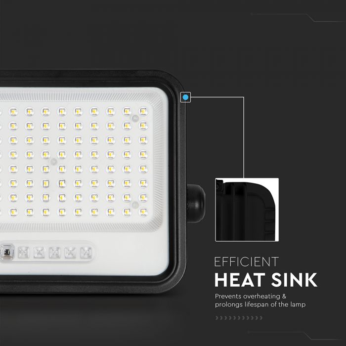 200W(1700Lm) LED prožektors ar solāro paneli  DC 6V 12W, V-TAC, IP65, melns, ar tālvadības pulti un regulējamu krāsu temperatūru, 7IN1
