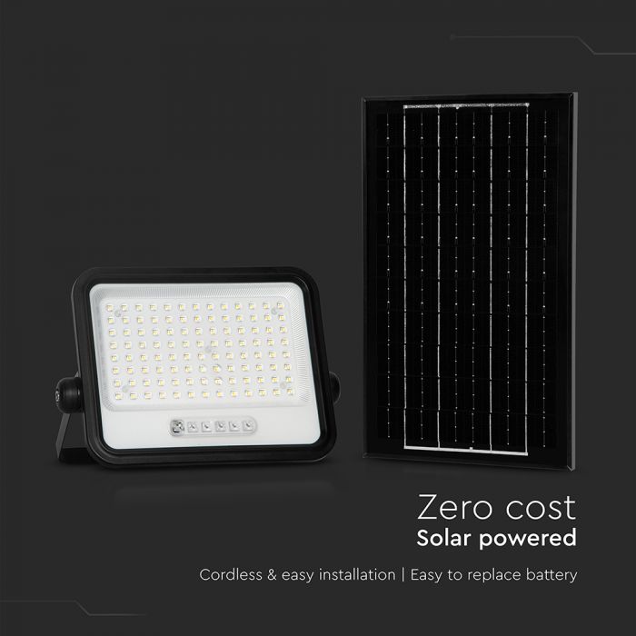 200W(1700Lm) LED prožektors ar solāro paneli  DC 6V 12W, V-TAC, IP65, melns, ar tālvadības pulti un regulējamu krāsu temperatūru, 7IN1
