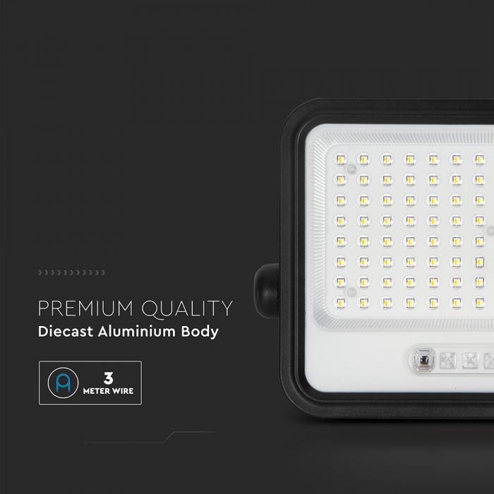 200W(1700Lm) LED prožektors ar solāro paneli  DC 6V 12W, V-TAC, IP65, melns, ar tālvadības pulti un regulējamu krāsu temperatūru, 7IN1