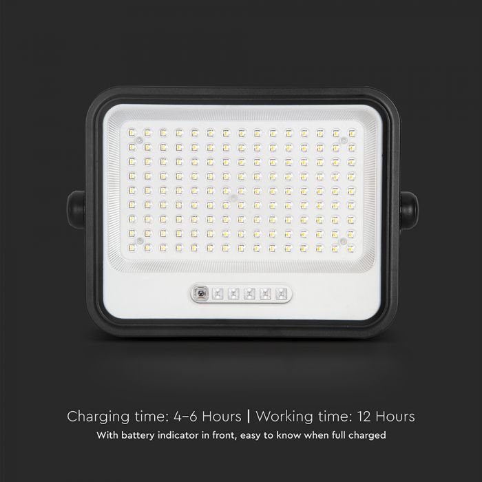 300W LED prožektors ar saules bateriju, CCT 2000K–8000K pārslēdzams, baterijas indikators, V-TAC, IP65, melns