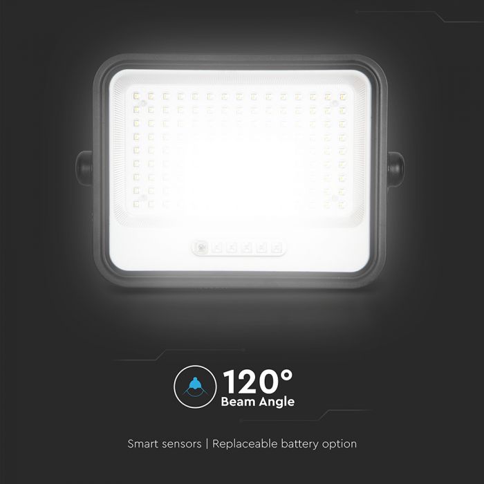 300W LED prožektors ar saules bateriju, CCT 2000K–8000K pārslēdzams, baterijas indikators, V-TAC, IP65, melns