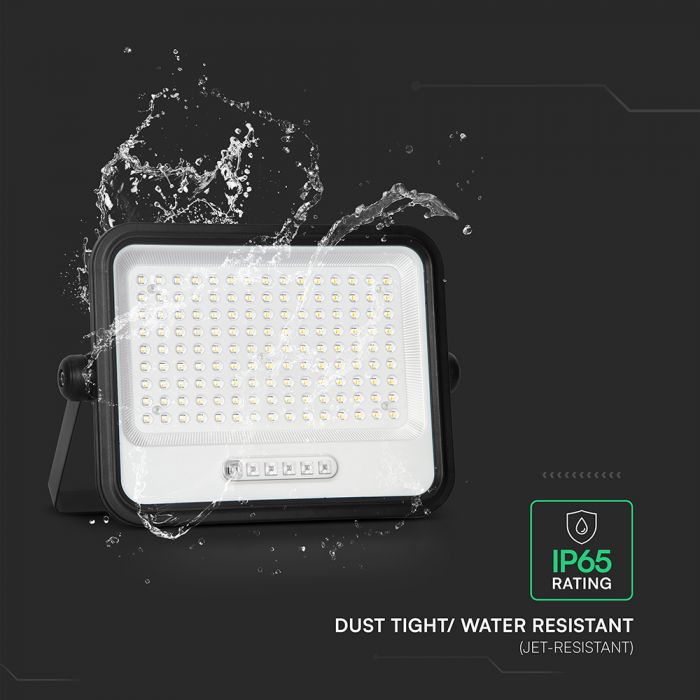 300W LED prožektors ar saules bateriju, CCT 2000K–8000K pārslēdzams, baterijas indikators, V-TAC, IP65, melns