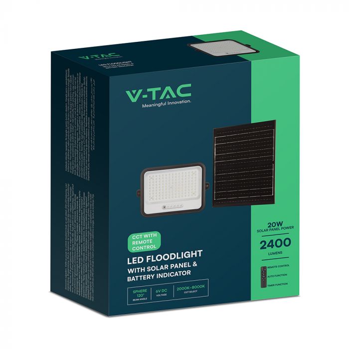 300W LED prožektors ar saules bateriju, CCT 2000K–8000K pārslēdzams, baterijas indikators, V-TAC, IP65, melns