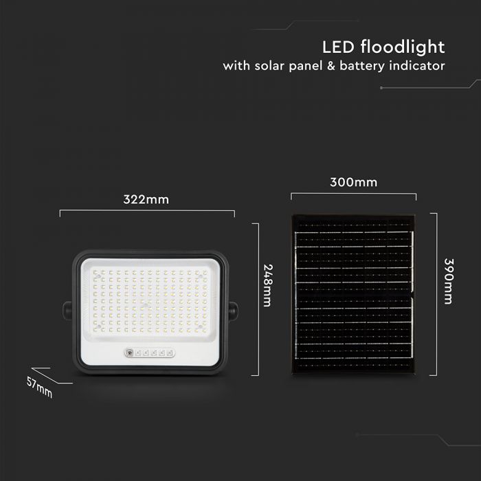 300W LED prožektors ar saules bateriju, CCT 2000K–8000K pārslēdzams, baterijas indikators, V-TAC, IP65, melns