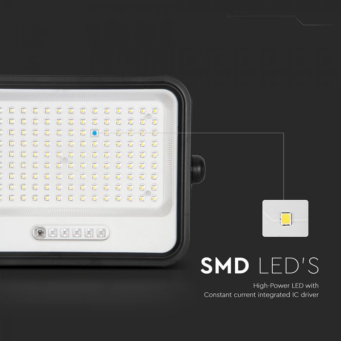 300W LED prožektors ar saules bateriju, CCT 2000K–8000K pārslēdzams, baterijas indikators, V-TAC, IP65, melns
