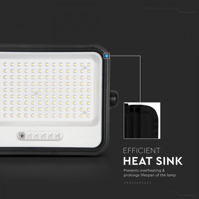 300W LED prožektors ar saules bateriju, CCT 2000K–8000K pārslēdzams, baterijas indikators, V-TAC, IP65, melns