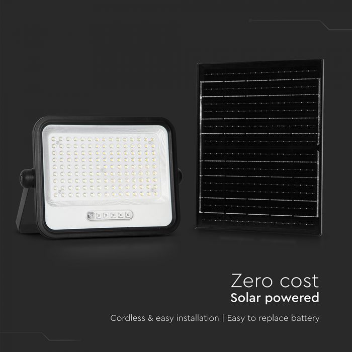 300W LED prožektors ar saules bateriju, CCT 2000K–8000K pārslēdzams, baterijas indikators, V-TAC, IP65, melns