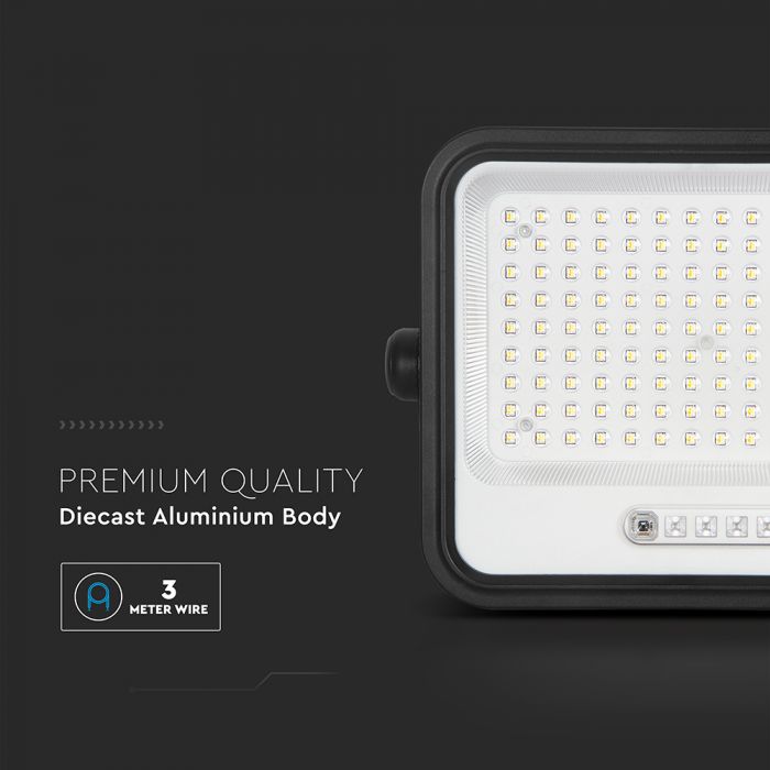 300W LED prožektors ar saules bateriju, CCT 2000K–8000K pārslēdzams, baterijas indikators, V-TAC, IP65, melns