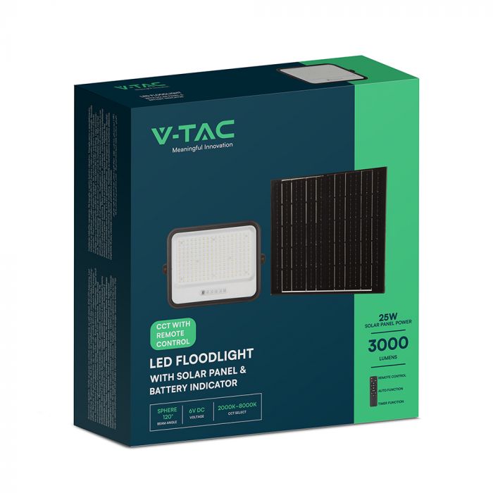 400W(1700Lm) LED prožektors ar solāro paneli  DC 6V 25W, V-TAC, IP65, melns, ar tālvadības pulti un regulējamu krāsu temperatūru, 7IN1 (Copy)