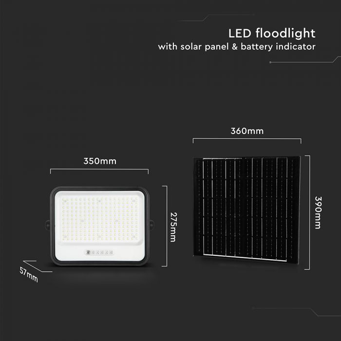 400W(1700Lm) LED prožektors ar solāro paneli  DC 6V 25W, V-TAC, IP65, melns, ar tālvadības pulti un regulējamu krāsu temperatūru, 7IN1 (Copy)