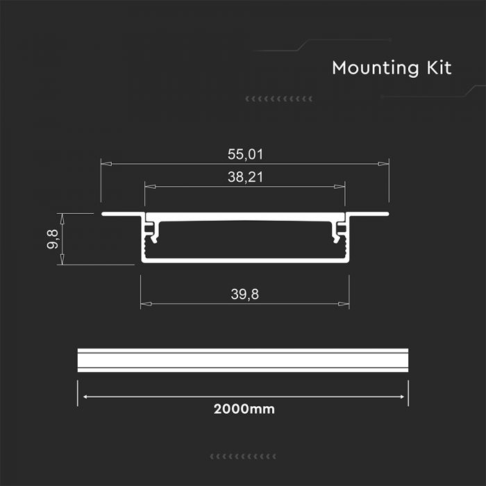 2m iebūvējamais alumīnija profils, sudraba, 2000x40x10mm,  V-TAC