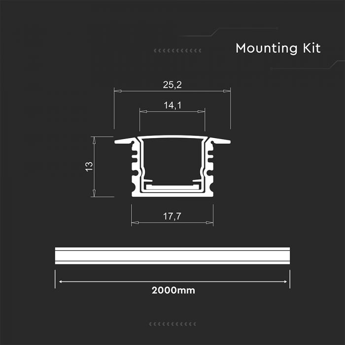 2m virsapmetuma alumīnija profils, sudraba, 2000x17x14mm,  V-TAC