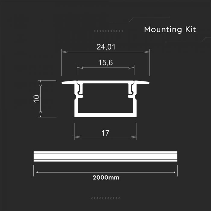 2m iebūvējamais alumīnija profils, sudraba, 2000x17x10mm,  V-TAC