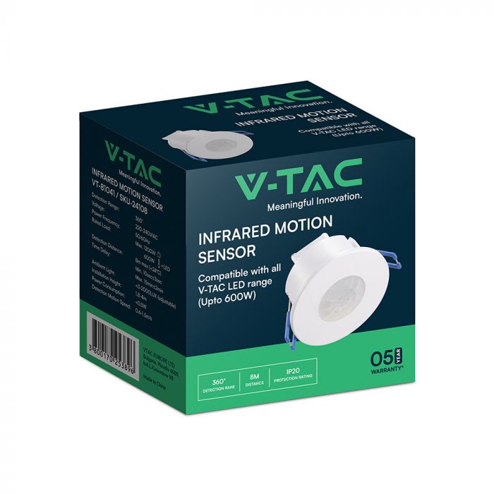 Infrasarkanais PIR kustības sensors ar integrētu mikroshēm, IP20, V-TAC
