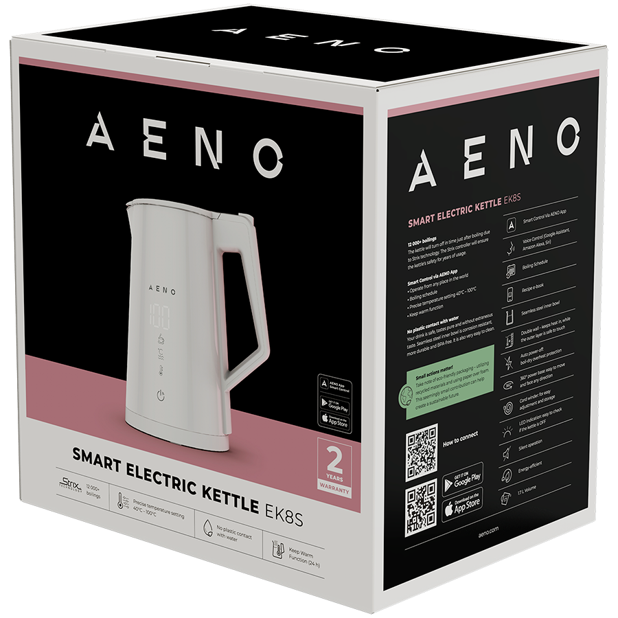 AENO elektriskā tējkanna EK8S Smart:  Jauda: 1850–2200 W  Tilpums: 1,7 L