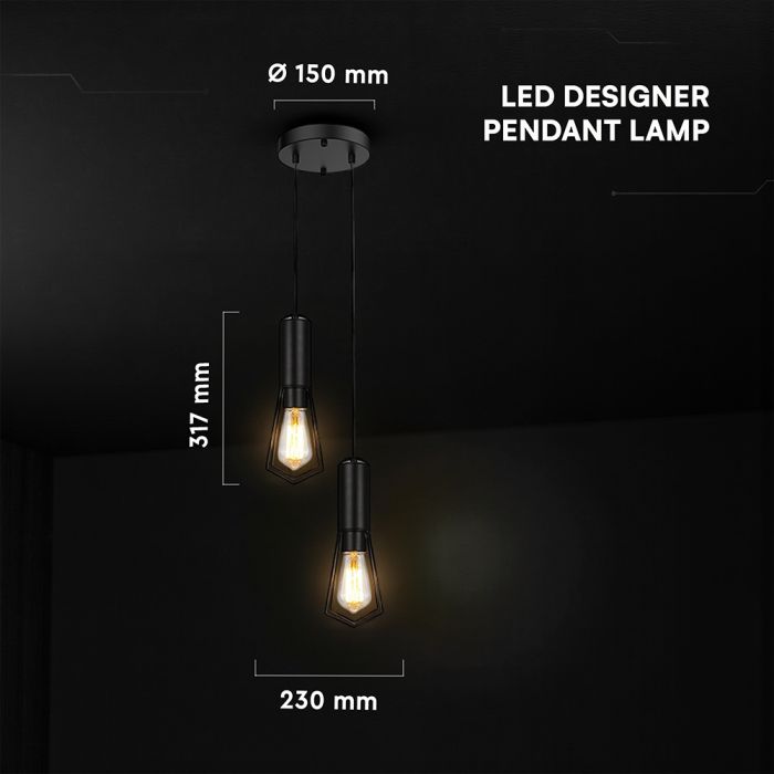 V-TAC VT-89017 dekoratīvā piekaramā lampa, 2xE27, līdz 60W, IP20, matēti melna, metāls/alumīnijs, 230x150x317mm, 220–240V, 2 gadu garantija