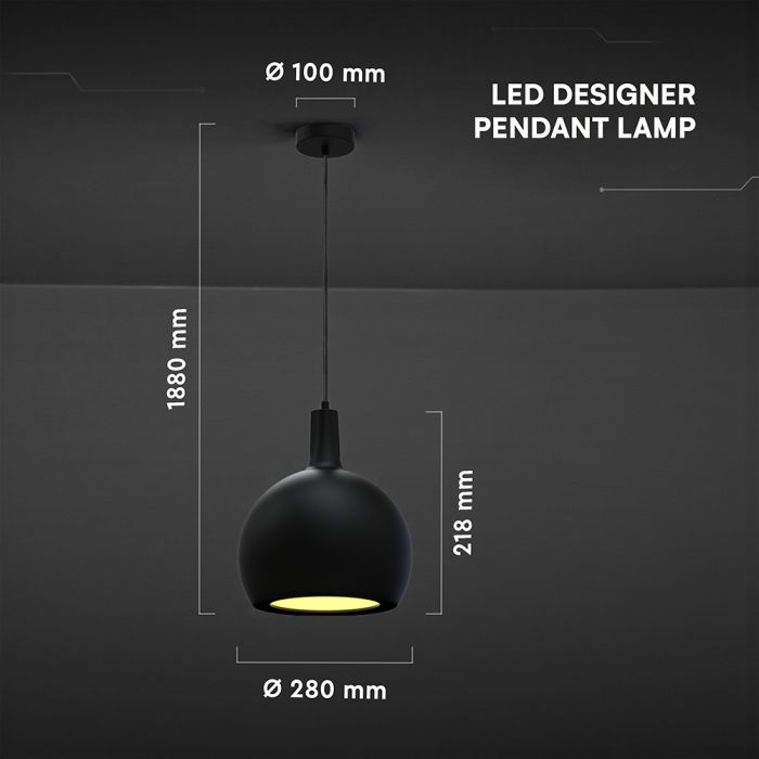 V-TAC VT-89020 dekoratīvā piekaramā lampa, E27, līdz 60W, IP20, melna, keramika/metāls, 280x218x1880mm, 220–240V