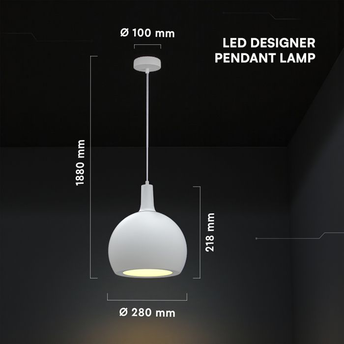 V-TAC VT-89020 dekoratīvā piekaramā lampa, E27, līdz 60W, IP20, balta, keramika/metāls, 280x218x1880mm, 220–240V, 2 gadu garantija