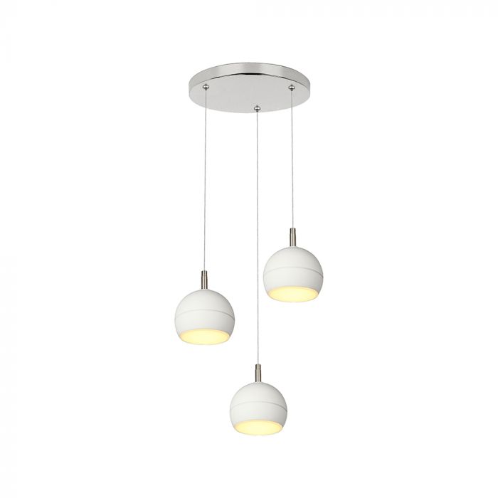 3x10W(3600Lm) LED dekoratīvā piekaramā lampa, V-TAC VT-89023, SMD, IP20, balta/slīpēta niķeļa, Ø120x150mm, griestu pamatne Ø250x30mm, 220–240V, 280°, 2 gadu garantija, gaisma 3000K