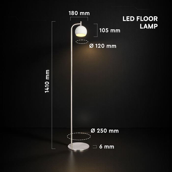 10W(1200Lm) LED dekoratīvā grīdas lampa, V-TAC VT-89024, SMD, 120Lm/W, IP20, balta/slīpēta niķeļa, 250x180x1410mm, 220–240V, 280°, 2 gadu garantija, gaisma 3000K