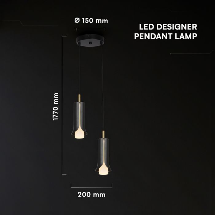 2x5W(1200Lm) LED dekoratīvā piekaramā lampa, V-TAC VT-89026, SMD, 120Lm/W, IP20, smilšu melna/zelta, 150x200x1770mm, 220–240V, 280°, 2 gadu garantija, gaisma 3000K