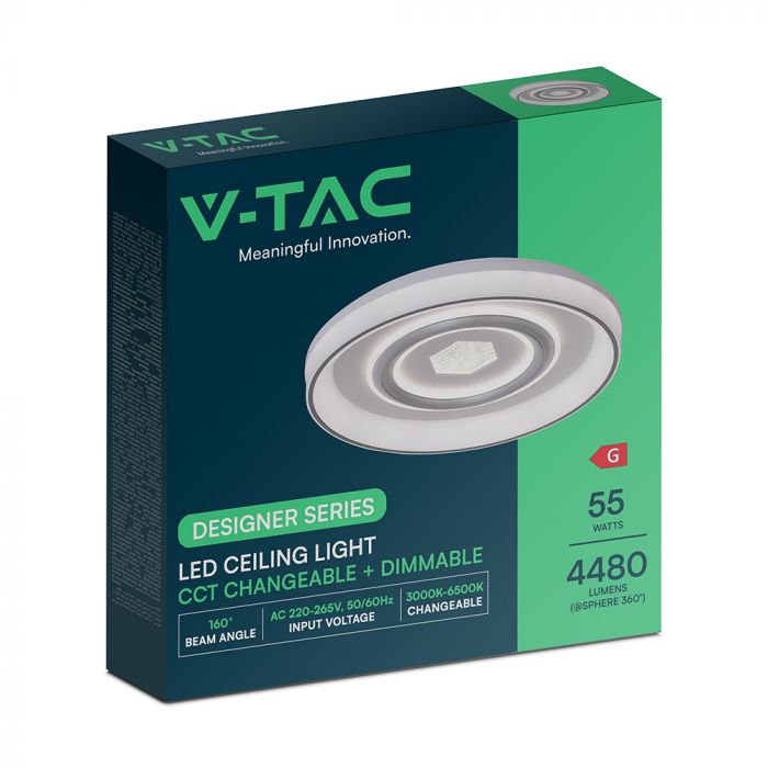 55W(4480Lm) LED dekoratīvais griestu plafons, V-TAC, IP20, ar tālvadības pulti, apaļš, balts, dimmējams, 3IN1