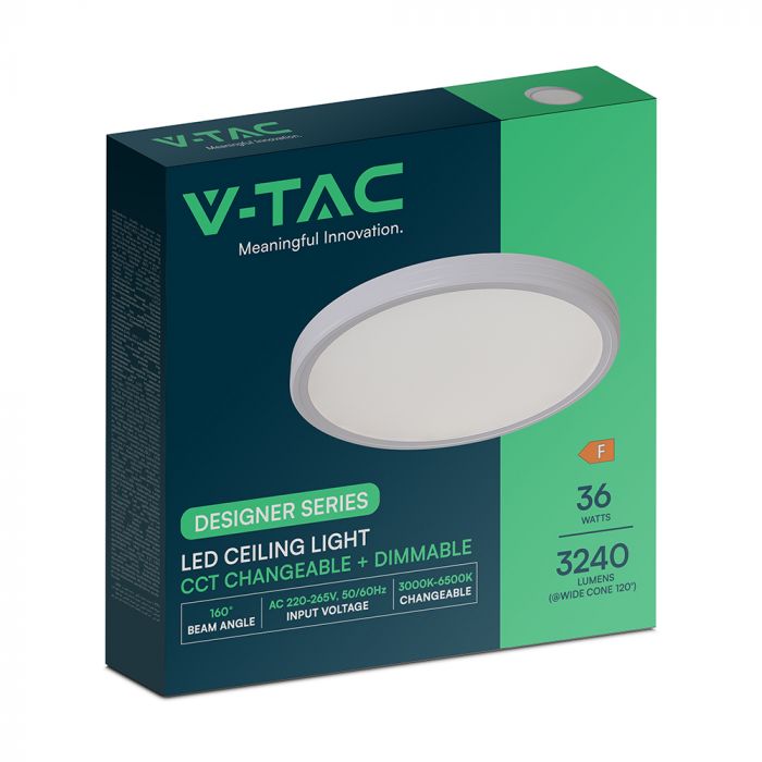 36W(3240Lm) LED dekoratīvs griestu gaismeklis, V-TAC VT-7737, SMD, IP20, balts/melns, Ø390x35mm, 220–265V, 160°, 2,4GHz RF tālvadība, dimmējams, 2 gadu garantija, regulējama gaisma 3000K–6500K