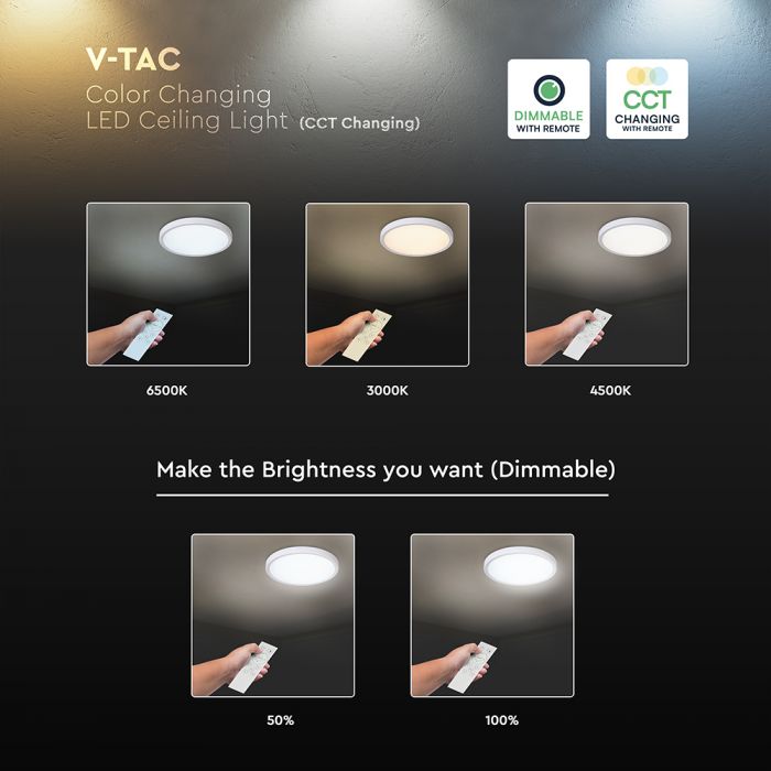 36W(3240Lm) LED dekoratīvs griestu gaismeklis, V-TAC VT-7737, SMD, IP20, balts/melns, Ø390x35mm, 220–265V, 160°, 2,4GHz RF tālvadība, dimmējams, 2 gadu garantija, regulējama gaisma 3000K–6500K