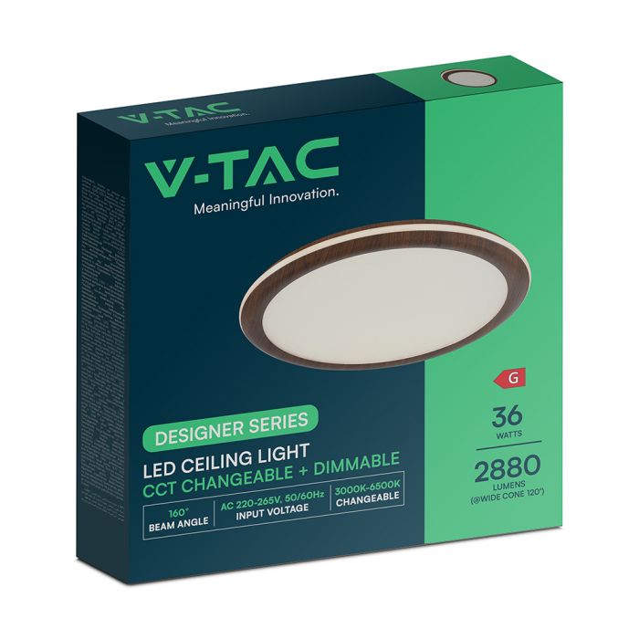 36W(2880Lm) LED dekoratīvs griestu gaismeklis, V-TAC VT-7738, SMD, IP20, koka imitācija, Ø410x30mm, 220–240V, 160°, 2,4GHz RF tālvadība, dimmējams, 2 gadu garantija, CCT 3000K/4500K/6500K