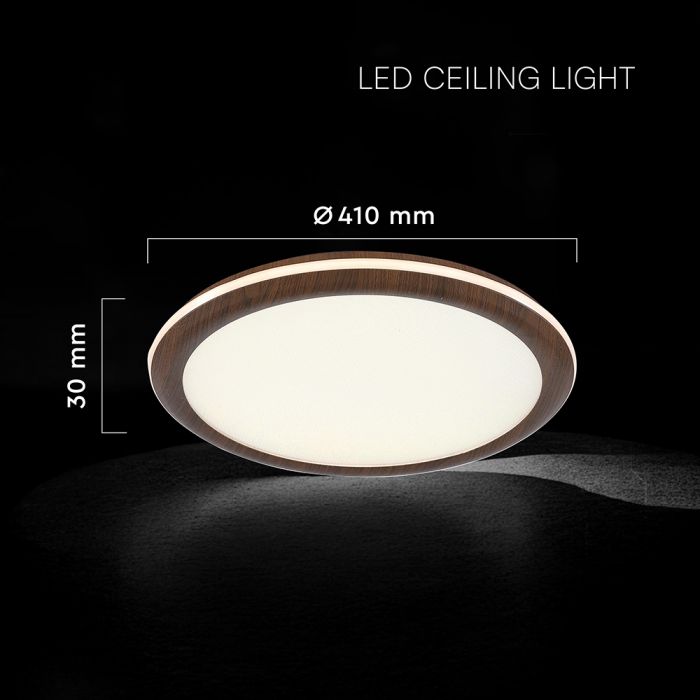 36W(2880Lm) LED dekoratīvs griestu gaismeklis, V-TAC VT-7738, SMD, IP20, koka imitācija, Ø410x30mm, 220–240V, 160°, 2,4GHz RF tālvadība, dimmējams, 2 gadu garantija, CCT 3000K/4500K/6500K
