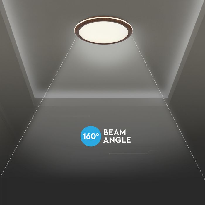36W(2880Lm) LED dekoratīvs griestu gaismeklis, V-TAC VT-7738, SMD, IP20, koka imitācija, Ø410x30mm, 220–240V, 160°, 2,4GHz RF tālvadība, dimmējams, 2 gadu garantija, CCT 3000K/4500K/6500K