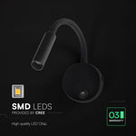 3W LED naktslampiņa pie gultas, V-TAC CREE VT-88063, IP20, melna, silti balta gaisma 3000K
