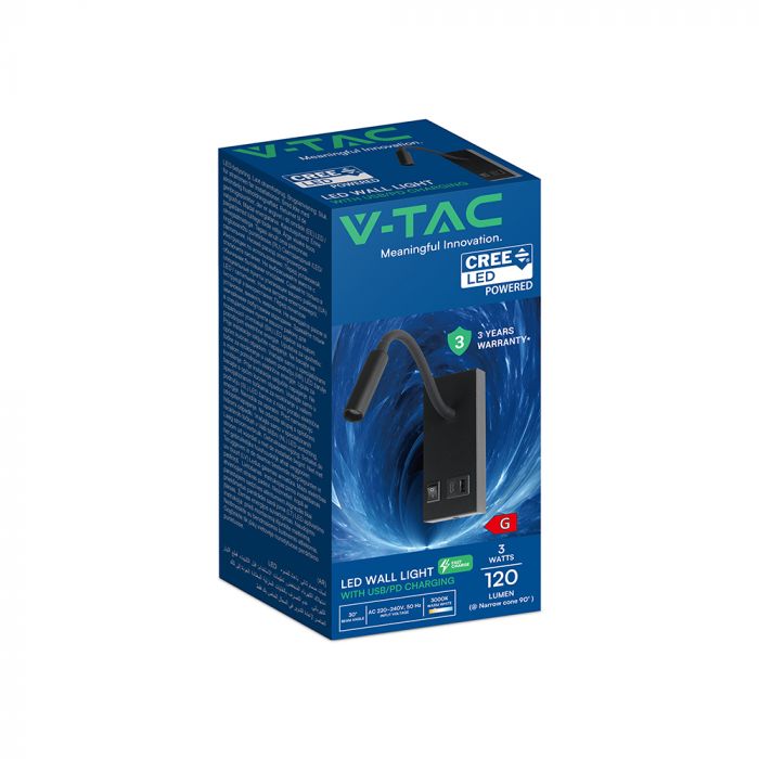 3W(120Lm) LED sienas lasāmlampa, V-TAC VT-88064, SMD CREE, USB/PD ātrā uzlāde līdz 20W, IP20, melna, 150x60x286mm, 220–240V, 30°, gaisma 3000K