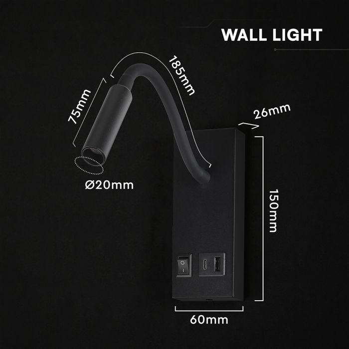 3W(120Lm) LED sienas lasāmlampa, V-TAC VT-88064, SMD CREE, USB/PD ātrā uzlāde līdz 20W, IP20, melna, 150x60x286mm, 220–240V, 30°, gaisma 3000K