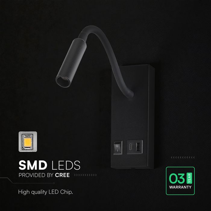 3W(120Lm) LED sienas lasāmlampa, V-TAC VT-88064, SMD CREE, USB/PD ātrā uzlāde līdz 20W, IP20, melna, 150x60x286mm, 220–240V, 30°, gaisma 3000K