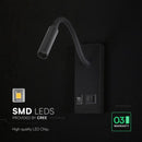 3W(120Lm) LED sienas lasāmlampa, V-TAC VT-88064, SMD CREE, USB/PD ātrā uzlāde līdz 20W, IP20, melna, 150x60x286mm, 220–240V, 30°, gaisma 3000K