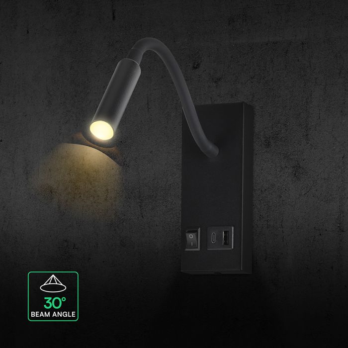 3W(120Lm) LED sienas lasāmlampa, V-TAC VT-88064, SMD CREE, USB/PD ātrā uzlāde līdz 20W, IP20, melna, 150x60x286mm, 220–240V, 30°, gaisma 3000K