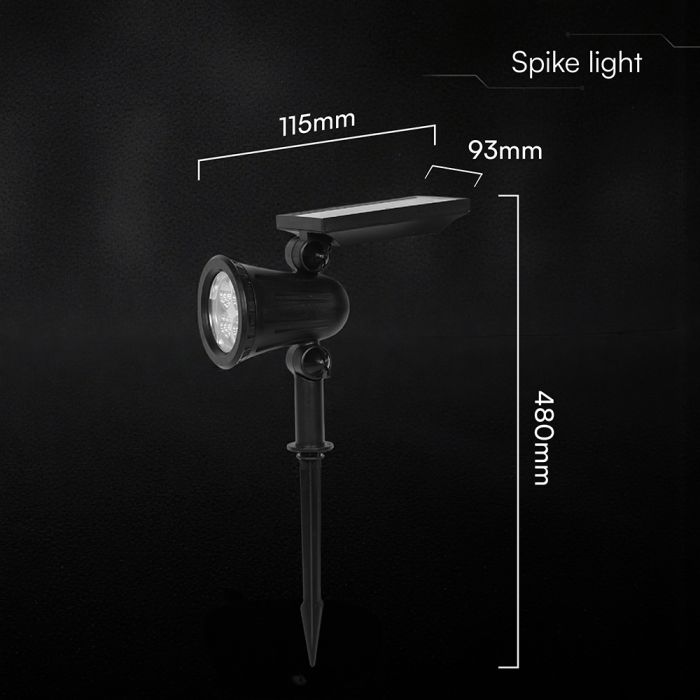 1,54W(180Lm) LED saules dārza gaismeklis ar zemes mietiņu, V-TAC VT-50154, SMD, IP54, melns, 93x480x115mm, 5,5V, 2200mAh, 50°, 2 gadu garantija, silti balta gaisma 3000K
