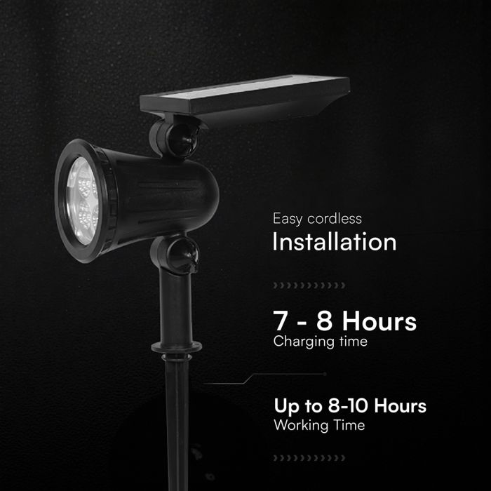1,54W(180Lm) LED saules dārza gaismeklis ar zemes mietiņu, V-TAC VT-50154, SMD, IP54, melns, 93x480x115mm, 5,5V, 2200mAh, 50°, 2 gadu garantija, silti balta gaisma 3000K