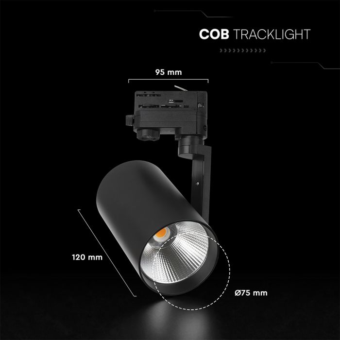 20W(1620Lm) LED COB sliežu gaismeklis, V-TAC VT-11122, COB-CREE, 81Lm/W, IP20, IK03, melns, 205x95x75mm, 20°, 6 gadu garantija, silti balta gaisma 3000