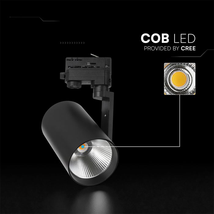20W(1620Lm) LED COB sliežu gaismeklis, V-TAC VT-11122, COB-CREE, 81Lm/W, IP20, IK03, melns, 205x95x75mm, 20°, 6 gadu garantija, silti balta gaisma 3000