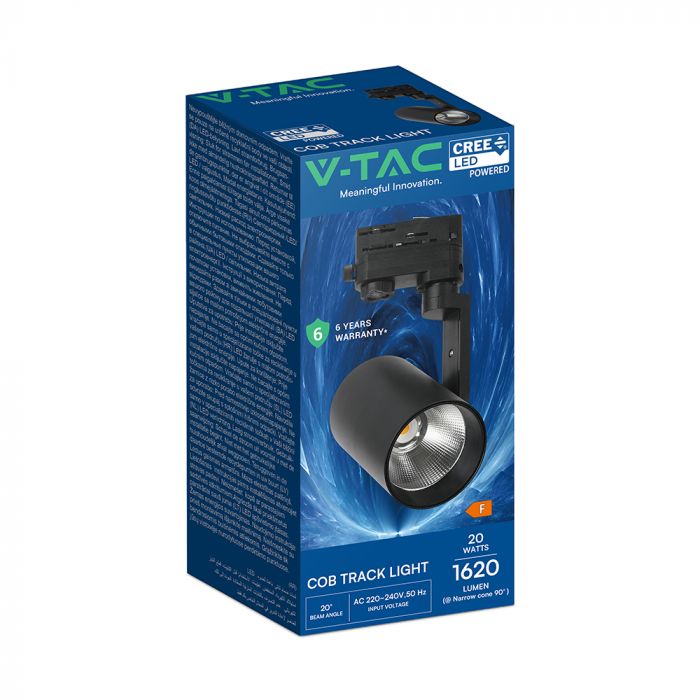 20W(1620Lm) LED COB sliežu gaismeklis, V-TAC VT-11122, COB-CREE, 81Lm/W, IP20, IK03, melns, 205x95x75mm, 20°, 6 gadu garantija, neitrāli balta gaisma 4000K