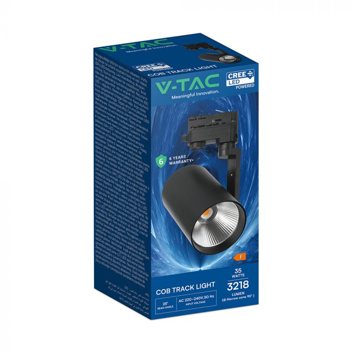 35W(3218Lm) LED sliežu gaismeklis, V-TAC VT-11135, COB CREE, IP20, melns, 235x110x90mm, 220–240V, 25°, 6 gadu garantija, gaisma 6400K