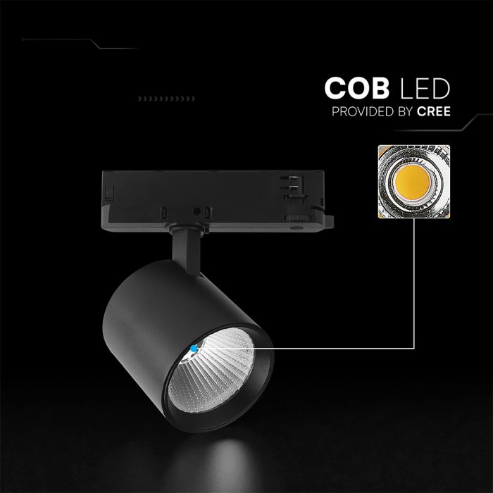 30W(2845Lm) LED COB sliežu gaismeklis, V-TAC VT-11130, COB-CREE, 95Lm/W, IP20, IK03, melns, 155x162x91mm, 36°, 6 gadu garantija, silti balta gaisma 3000K