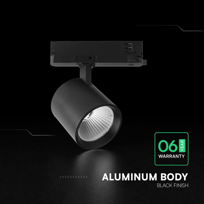 30W(2845Lm) LED COB sliežu gaismeklis, V-TAC VT-11130, COB-CREE, 95Lm/W, IP20, IK03, melns, 155x162x91mm, 36°, 6 gadu garantija, silti balta gaisma 3000K