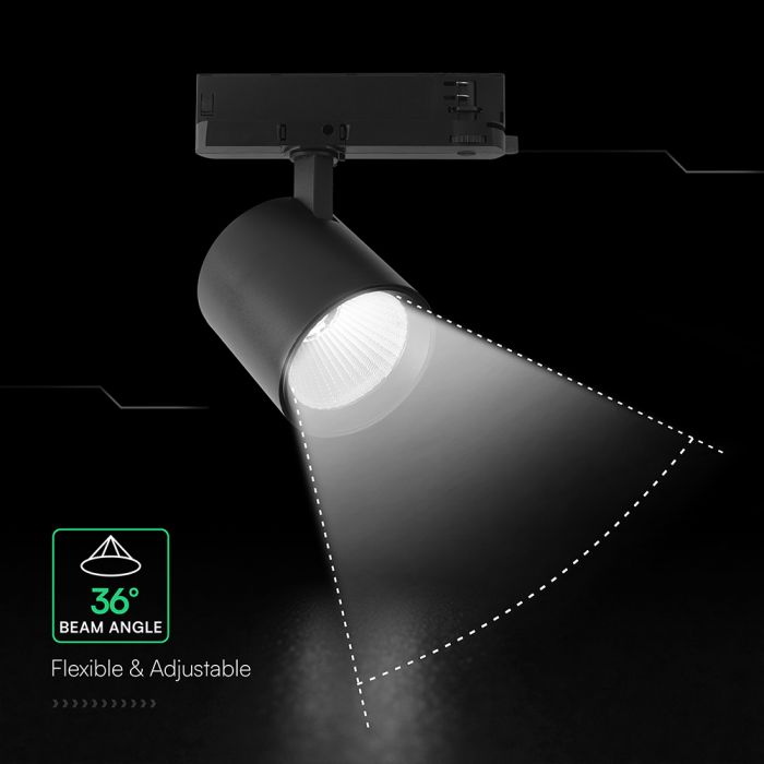 30W(2845Lm) LED COB sliežu gaismeklis, V-TAC VT-11130, COB-CREE, IP20, IK03, melns, alumīnijs, 155x162x91mm, 36°, 6 gadu garantija, neitrāli balta gaisma 4000K