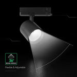 30W(2845Lm) LED sliežu gaismeklis, V-TAC VT-11130, COB CREE, IP20, melns, 155x162x91mm, 220–240V, 36°, 6 gadu garantija, gaisma 6400K